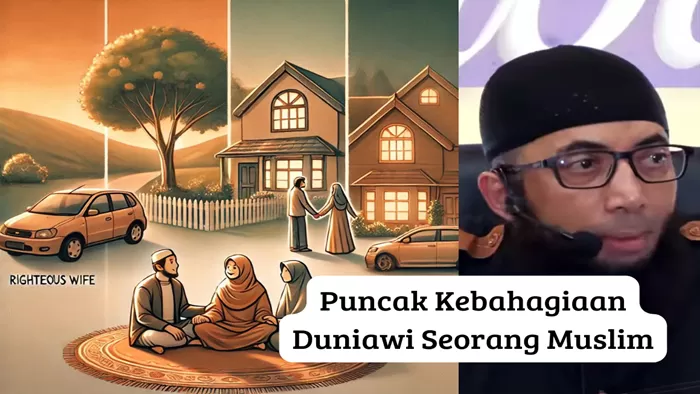 Ustadz Khalid Basalamah menjabarkan sebuah hadits tentang konsep kebahagiaan berupa kesenangan duniawi bagi seorang muslim.  ((Foto: GENMUSLIM.id / Dok: Open AI & Instagram @khalidbasalamahofficial))