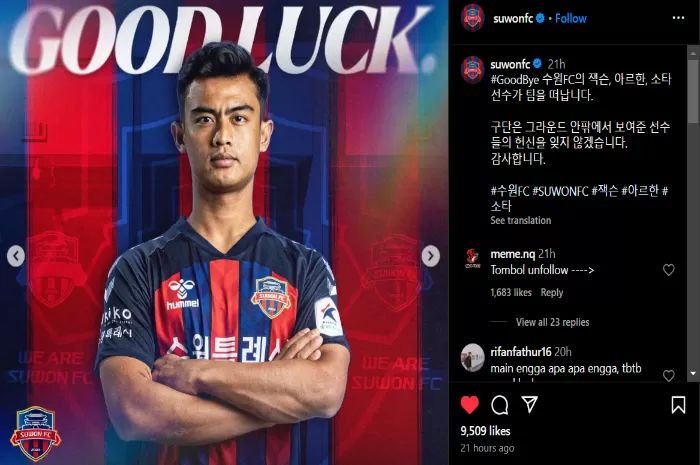 Unggahan Instagram klub di K-League, Suwon FC terkait pelepasan Pratama Arhan dari skuad (Foto: GENMUSLIM.id/dok: Instagram @suwonfc)