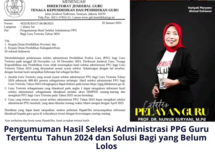 Nunuk Suryani, selaku Dirjen GTK, secara resmi mengumumkan hasil seleksi administrasi PPG Guru Tertentu tahun 2024 (Foto: GENMUSLIM.id/dok: Instagram @nunuksuryani/Mitri Sopiatun/Canva)