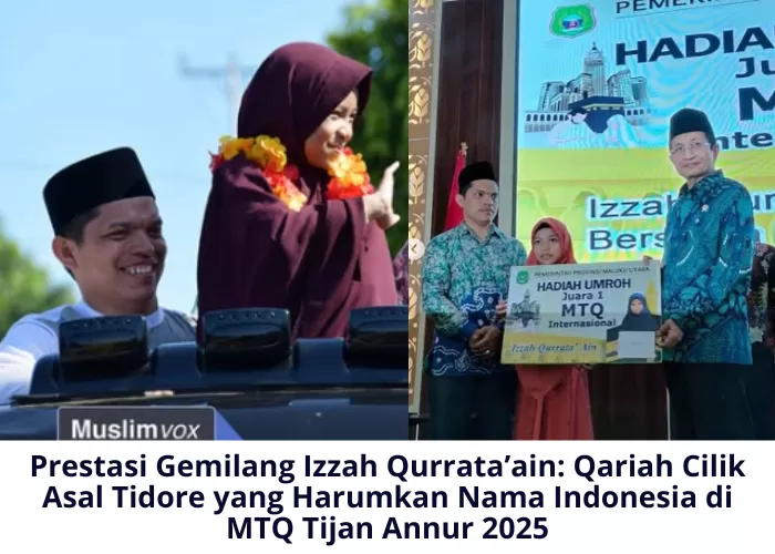 Izzah Qurrataain, seorang qoriah cilik berusia 10 tahun asal Tidore, Maluku Utara, berhasil meraih juara pertama Musabaqah Tilawatil Quran (MTQ) Tijan Annur 2025 (Foto: GENMUSLIM.id/dok: Instagram @muslimvox/Canva/Mitri Sopiatun)