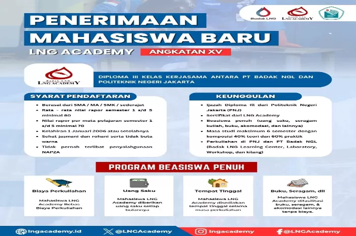 Telah Di buka Penerimaan Mahasiswa Baru LNG Academy 2025 Program D3 dengan Beasiswa Penuh (Foto: GENMUSLIM.id/dok: Instagram @beasiswa.co)