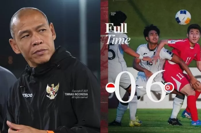 Pelatih Timnas Indonesia U-17, Nova Arianto (kiri) dan hasil pertandingan Garuda Muda vs Korea Utara di Perempat Final Piala Asia U-17 2025 (Foto: GENMUSLIM.id/dok: Instagram @timnasindonesia)