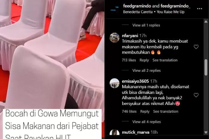 Komentar warganet dalam postingan viral bocah di Gowa yang diduga pungut sisa makanan pejabat usai acara peringatan HUT RI ke-80 (Foto: GENMUSLIM.id/dok: Instagram @feedgramindo)