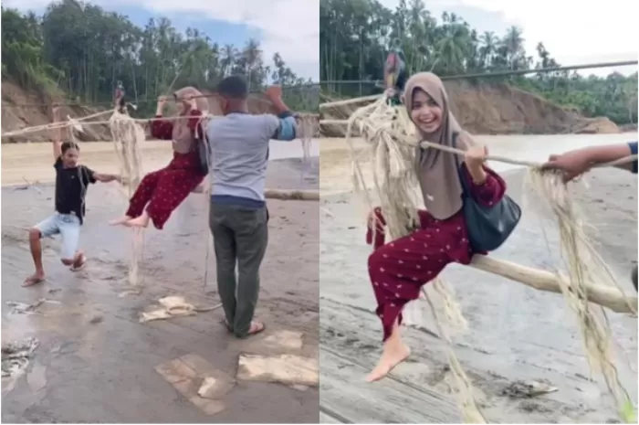 Menyoroti cerita warga desa di Bireuen, Aceh yang terdampak bencana banjir bandang, kini menyeberangi sungai dengan peralatan seadanya (Foto: GENMUSLIM.id/dok: Instagram @babang.amien)