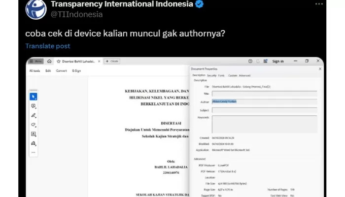 Document properties file disertasi milik Bahlil Lahadalia berbentuk PDF, yang terlihat nama author Alvian Cendy Yustian. (Akun X @TIIndonesia.)