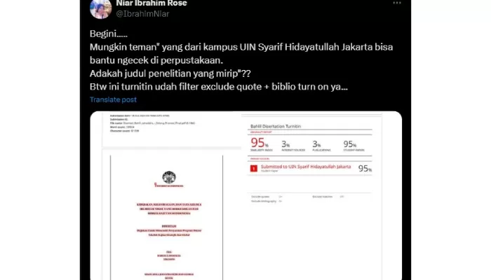 Hasil cek di Turnitin menunjukkan disertasi Bahlil Lahadalia memiliki similirity index 95 persen dengan karya yang ditulis dari UIN Syarif Hidayatullah Jakarta.  (Akun X @IbrahimNiar)