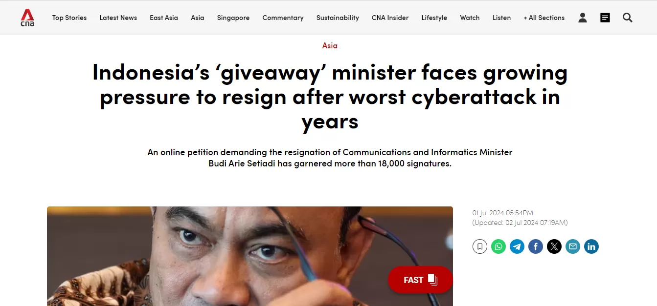 Channel News Asia menulis laporannya dengan sebutan Menteri 'Giveaway' Indonesia. (DOK. Channel News Asia)