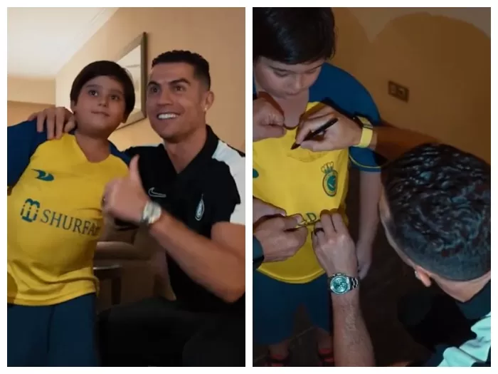 Seorang bocah asal Iran berusia 10 tahun rela menunggu selama 10 jam demi bertemu dengan Cristiano Ronaldo. (Twitter/@AlNassrFC_EN)