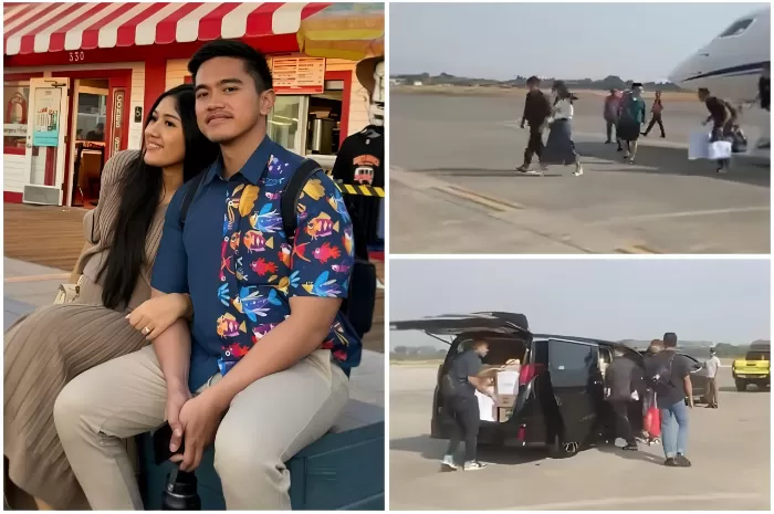 Potret Kaesang dan Erina Gudono naik jet pribadi. (kolase X/cinnamongirl/AirinDatangLagi.)