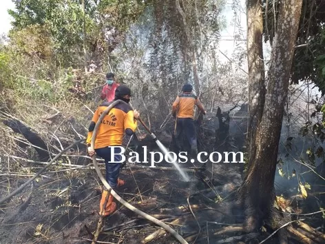 PENANGANAN: Tim gabungan berjibaku menangani kebakaran lahan gambut di RT 2 Desa Giripurwa.