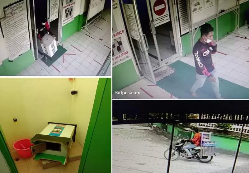 DASAR PENJAHAT: Ulah penjual bakso mencuri kotak amal Masjid Nurul Falah terekam jelas CCTV. Kotak ambil digotong keluar dan dibobol di dalam WC belakang masjid.