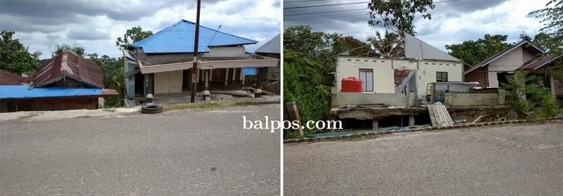 MEMPRIHATINKAN: Kondisi rumah warga Jl Sungai Wain RT 33 Km 15 Kelurahan Karang Joang, Balikpapan Utara, rusak berat. Sebagian amblas hingga 4 meter sehingga atapnya rata dengan tanah