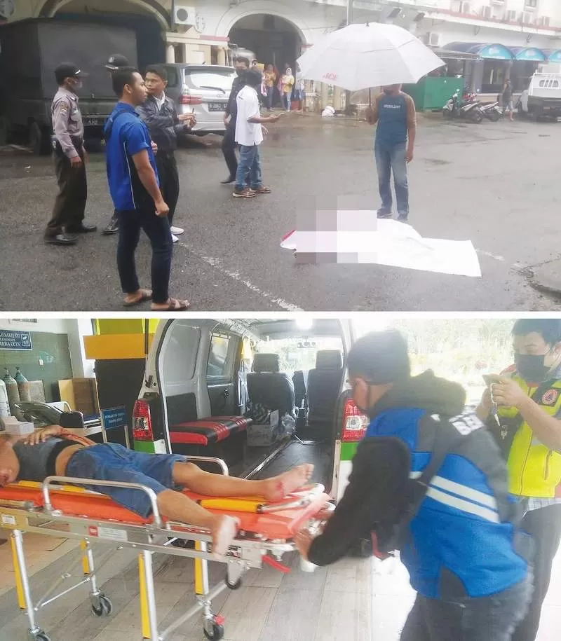 TRAGIS: Kondisi IY (28) saat masih tergeletak di lokasi kejadian kawasan ruko Balikpapan Baru. Korban dievakuasi ke RSKD Balikpapan oleh relawan Rescue Garuda