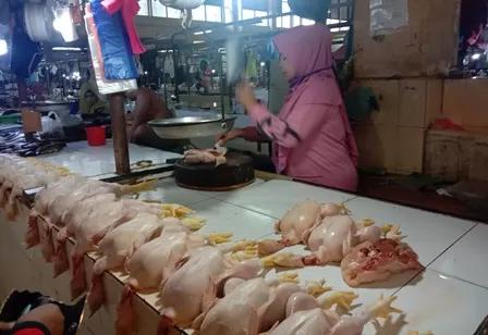 MENGALAMI PENURUNAN: Harga ayam di pasaran berangsur menurun, namun tak membuat jumlah pembeli mengalami peningkatan.
