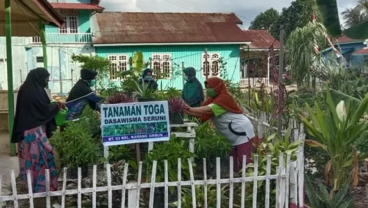 PERSIAPAN: Ibu-ibu di RT 3 Kelurahan Karang Ambun menanam tanaman toga sebagai persiapan mengikuti lomba kebersihan antar-RT.