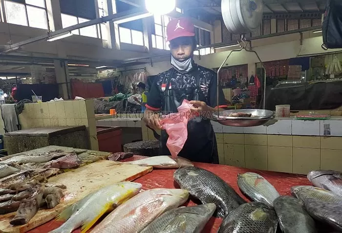 PEDAGANG IKAN: Pedagang ikan di Pasar Sanggam Adji Dilayas banyak yang mengeluh, karena sepinya pengunjung dan pembeli di pasar.