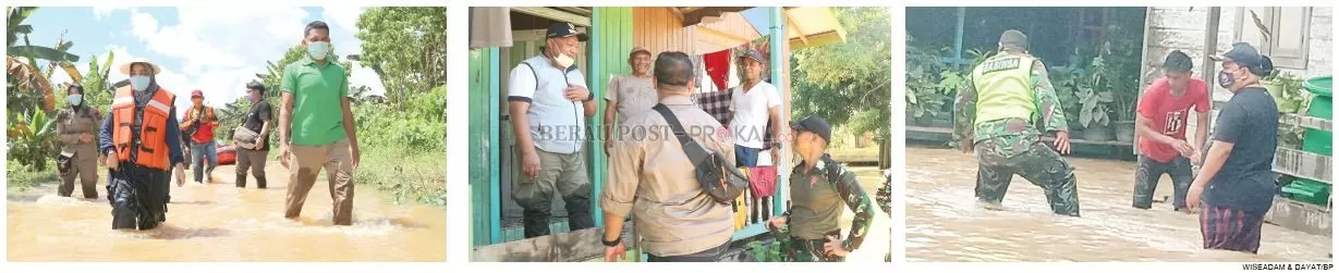 BELUM SURUT: Bupati, wakil bupati, dan Ketua DPRD Berau saat meninjau lokasi banjir di Kampung Tumbit Dayak, akhir pekan kemarin.