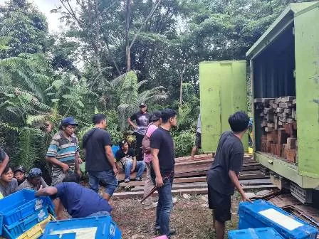 TANGKAP BASAH: Personel Satreskrim Polres Berau menangkap basah para pelaku illeggal loging, saat hendak memuat ratusan kayu ke dalam mobil untuk diangkut ke Kota Samarinda.