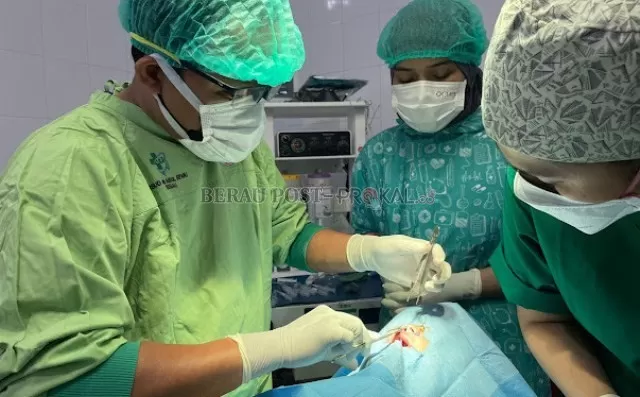 TINGKATKAN KEPERCAYAAN DIRI: Tim dokter saat melakukan operasi bibir sumbing kepada salah satu peserta di RSUD dr Abdul Rivai, Sabtu (28/5).