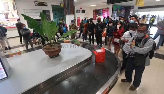 PERSAINGAN SEHAT: Penumpang ketika menunggu bagasi ketika baru tiba di Bandara Kalimarau. Rencananya maskapai Citilink akan melayani penerbangan di Bandara Kalimarau mulai 6 Desember nanti.