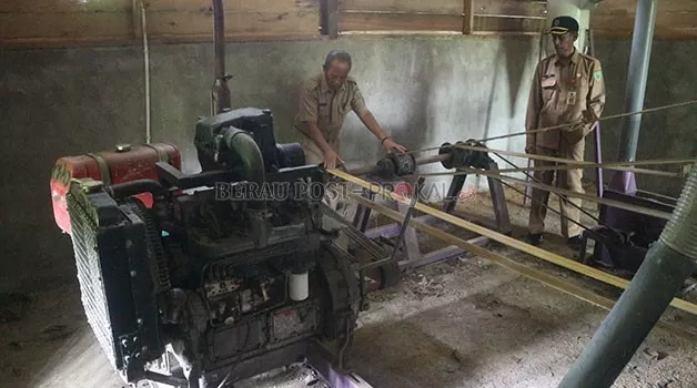 TINJAU LANGSUNG: Kepala Dinas Pertanian dan Peternakan Berau, Junaidi saat meninjau mesin giling padi yang berada di Kampung Bebanir Bangun.