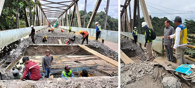 LANTAI SUDAH DIBONGKAR: Makmur HAPK meninjau kegiatan perbaikan Jembatan Sambaliung dan dilanjutkan memantau aktivitas penyeberangan di Dermaga Sanggam dan Singkuang kemarin.