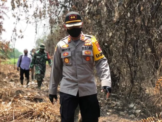 TINJAU KARHUTLA: Kapolres Kayong Utara AKBP Bambang Sukmo Wibowo, saat meninjau lokasi kebakaran hutan di Kecamatan Simpang Hilir, Rabu (3/2). POLRES FOR PONTIANAK POS