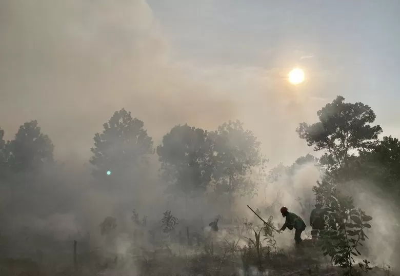 Petugas pemadam kebakaran sedang memadamkan api di sebuah lahan. BPBD Kota Pontianak menyebut, kebakaran lahan yang terjadi di wilayah kota Pontianak mencapai 50 hektareE. (ARIEF NUGROHO/PONTIANAK POST)