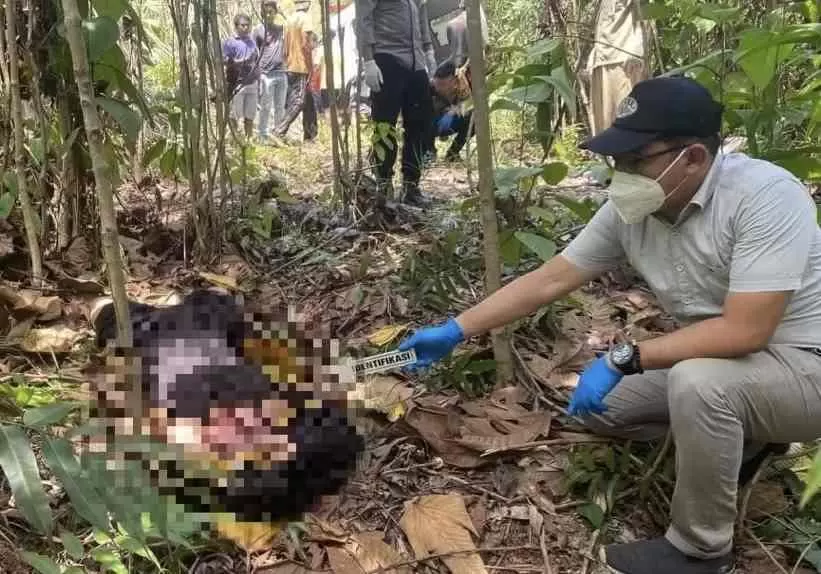 IDENTIFIKASI: Anggota Polsek Sandai melakukan olah TKP dan identifikasi terhadap jasad perempuan yang ditemukan di lahan kosong di Desa Muara Jekak, Kecamatan Sandai, Selasa (29/8). ISTIMEWA
