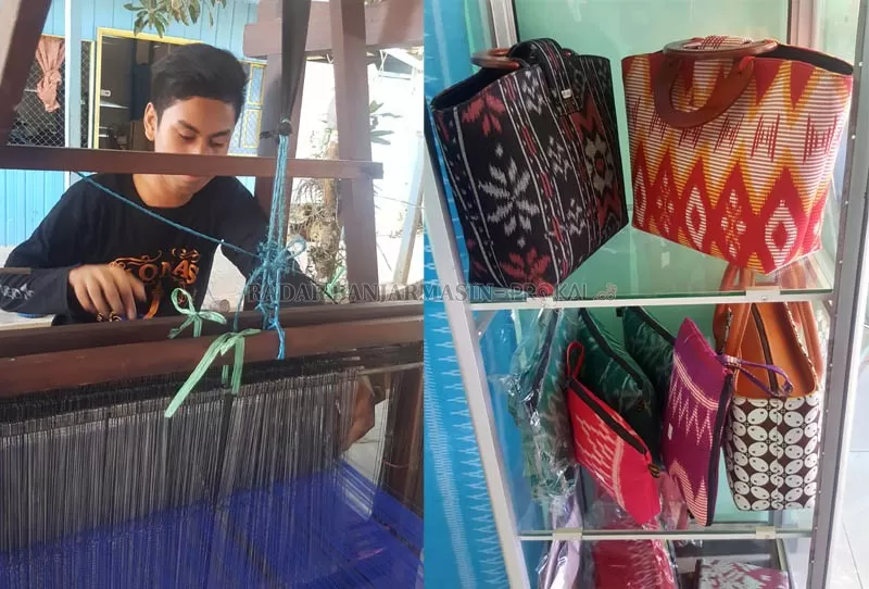 PROSES PEMBUATAN : Proses pembuatan tenun pagatan menggunakan alat tenun tradisional di Desa Manurung.  (kanan) Tenun pagatan juga bisa dirajut menjadi tas yang cantik. | FOTO: KARYONO/RADAR BANJARMASIN