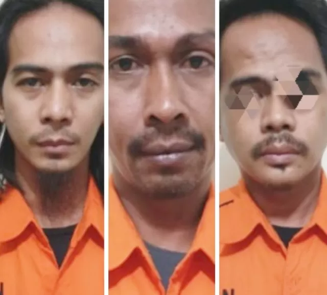 TAK BERKUTIK: Dari kiri, Mahmud, Rian dan Fi'I, tersangka dalam kasus narkotika jenis sabu. | Foto: Polres HSU untuk Radar Banjarmasin