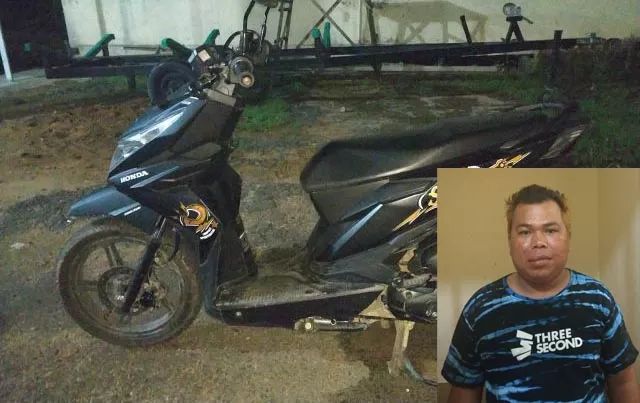 TAK BERKUTIK: NU (39) berhasil diringkus aparat gabungan karena mencuri motor. Kini ia ditahan di Polsek Tanjung.