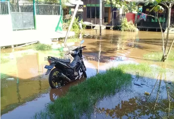 TERENDAM: Akses jalan Desa Pantai Harapan terendam, mengakibatkan warga sulit beraktivitas.