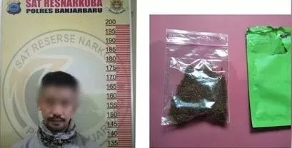 NARKOBA BARU: RE (28) diamankan Sat Res Narkoba Polres Banjarbaru karena kedapatan memiliki narkotika jenis tembakau Ganesha. | Foto: Humas Polres Banjarbaru for Radar Banjarmasin