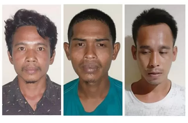MENYERAH: Tiga sekawan pencuri mesin pompa air diringkus aparat Polsek Alabio, HSU. | Foto: Muhammad Akbar/Radar Banjarmasin