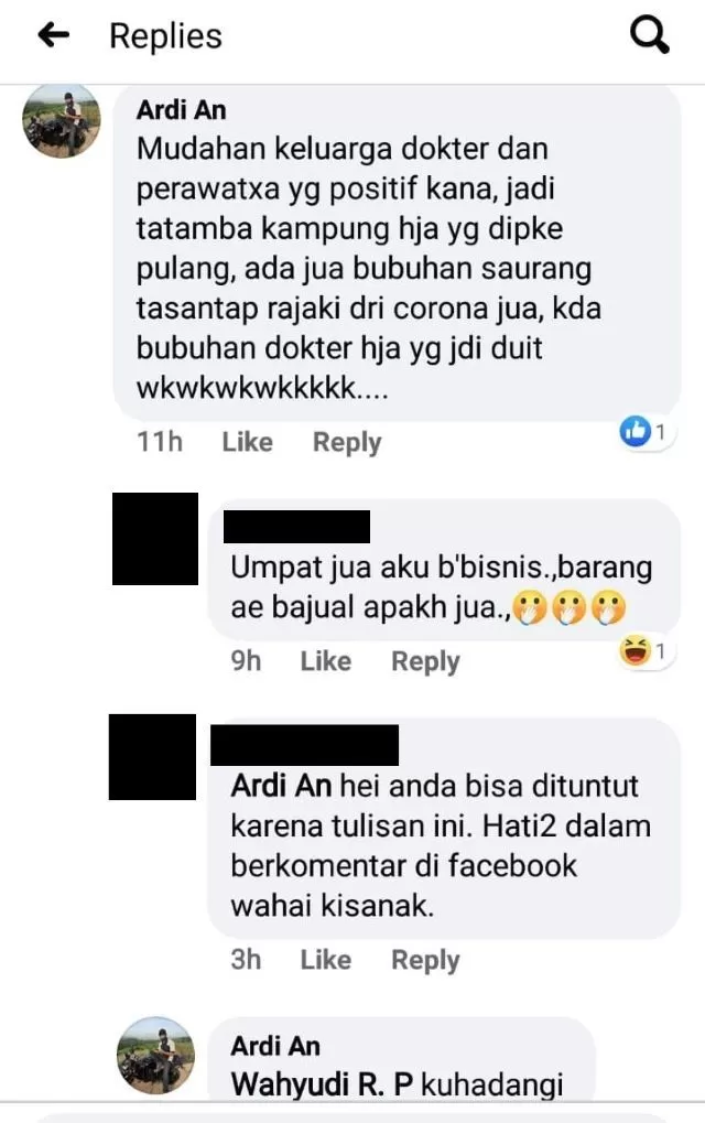 DILAPORKAN: Tangkapan layar dari pernyataan akun facebook Ardi An yang dipermasalahkan IDI Tapin.