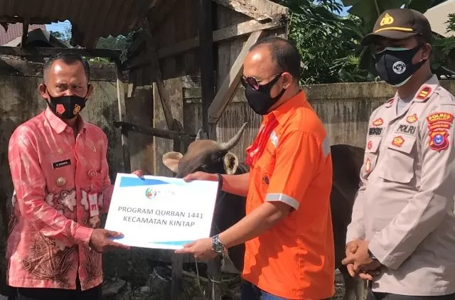 SIMBOLIS: Perwakilan PT Arutmin Indonesia Kintap menyerahkan hewan kurban secara simbolis kepada Bupati Tanah Laut H Sukamta dan Muspika Kecamatan Kintap mewakili masyarakat sekitar tambang.