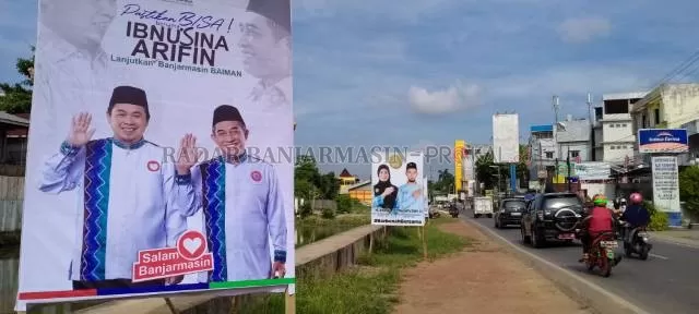 APK: Baliho para kandidat yang terpasang di tepi jalan Veteran Banjarmasin Tengah. | FOTO: ENDANG/RADAR  BANJARMASIN