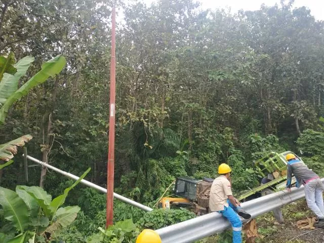 PERBAIKAN: Petugas PLN memasang tiang listrik baru di jalan poros provinsi Desa Gendang Timburu, Rabu (23/9) kemarin. | Foto: IST