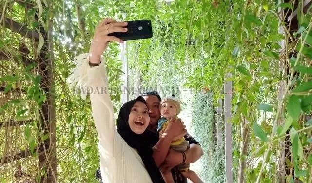 TEMPAT FAVORIT: Maulida Sari bersama keluarga kecilnya berselfi di tanaman menjuntai Lee Kwan Yew di RTH Kota Marabahan, kemarin. | Foto: Ahmad Mubarak Radar Banjarmasin