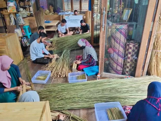 POTENSI: Kelompok Usaha Kembang Ilung Desa Banyu Hirang mengerjakan sedotan organik berbahan baku Purun. | Foto:  Muhammad Akbar/Radar Banjarmasin