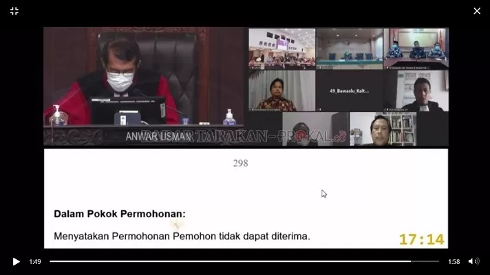 GUGATAN DITOLAK: Ketua Majelis Hakim MK Anwar Usman membacakan amar putusan yang menyatakan permohonan pemohon tidak dapat diterima secara virtual kemarin./RIKO/RADAR TARAKAN