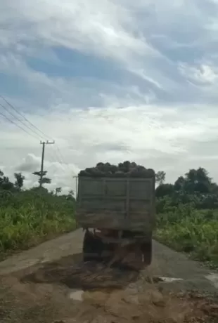 RIKO ISMANTO/RADAR TARAKAN DIKELUHKAN KARENA RUSAK: Kondisi jalan poros menuju Desa Bebatu yang sering dilalui truk sawit, kondisinya rusak parah. (RIKO ISMANTO/RADAR TARAKAN)