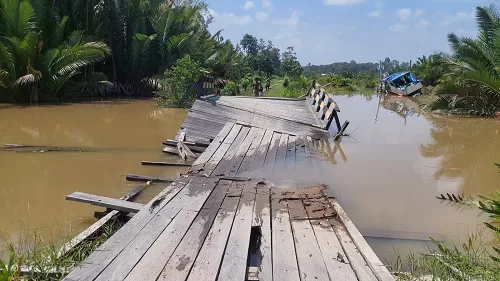 BERBAHAYA: Jembatan di Desa Sepunggur nyaris ambruk.