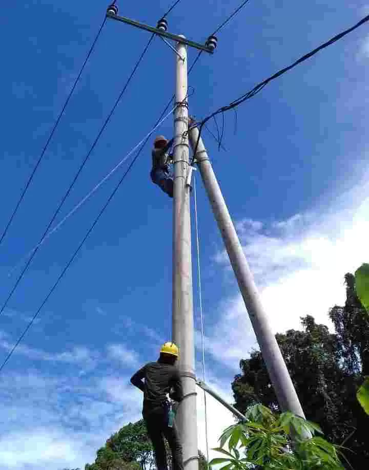 KOMITMEN: Petugas PLN UP2K Kaltara melakukan pekerjaan konstruksi tiang dan penarikan jaringan di Kabupaten Malinau, baru-baru ini.