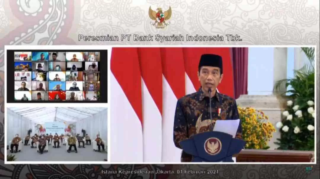 RESMI BEROPERASI: Presiden Jokowi Widodo dalam sambutannya saat meresmikan Bank Syariah Indonesia, penggabungan tiga bank syariah milik Himbara.