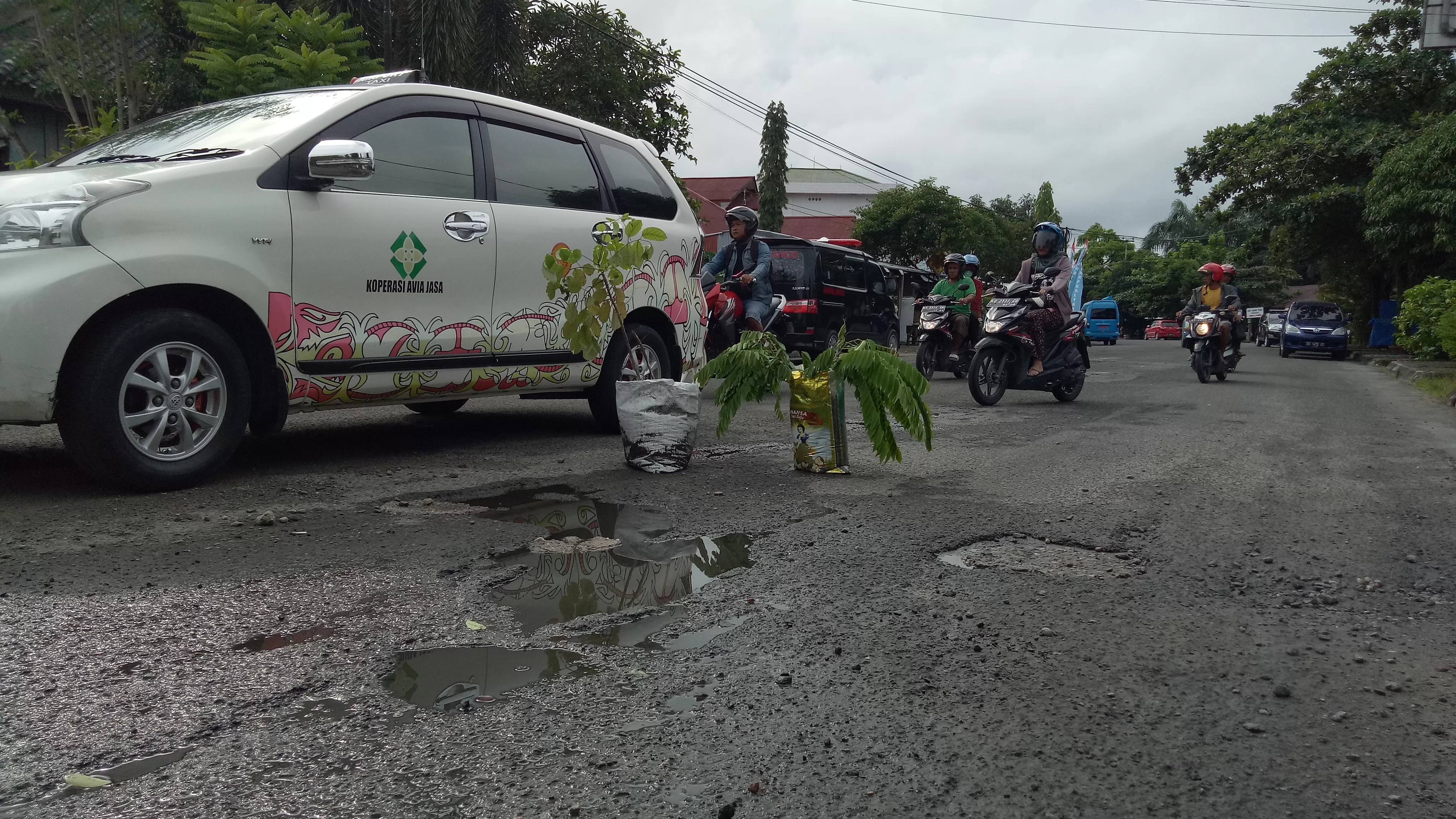 JALAN RUSAK: Dua pot bunga di pasang di titik yang rusak di jalan Tengku Umar, Jumat (31/1).
