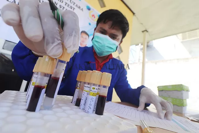 RAPID TEST: Petugas medis RSUD Tanjung Selor saat memeriksa sampel darah yang nantinya digunakan untuk proses rapid test. Seperti dijepret pada Jumat (5/6) pekan lalu.