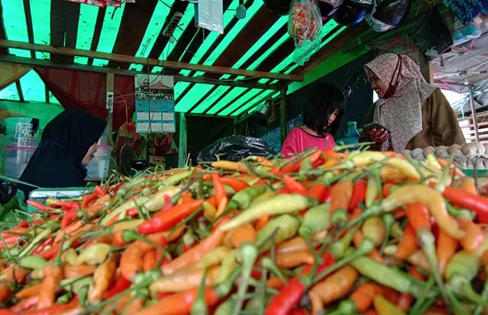 CABAI LANGKA – Salah satu lapak dagangan di Pasar Induk Bulungan menjual cabai, Minggu (27/12). Cabai salah satu komoditas yang langka dan mahal di pasar ini. (MARTINUS/HRK)