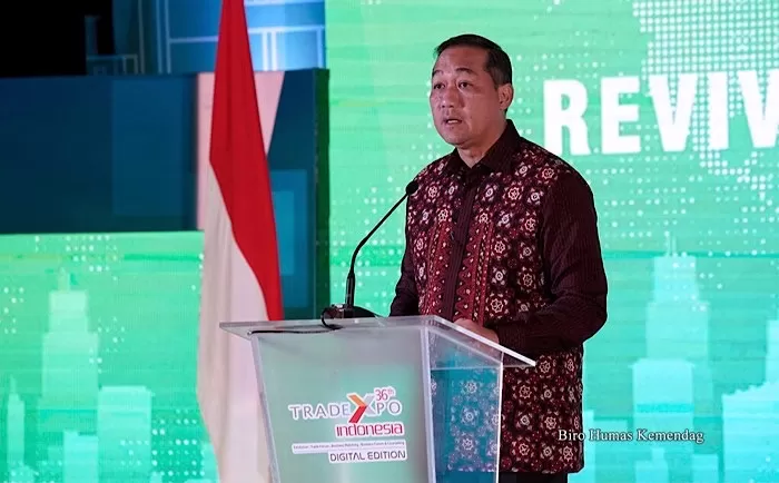 Menteri Perdagangan Muhammad Lutfi menyampaikan pidato dalam Pembukaan Trade Expo Indonesia ke-36 Digital Edition yang berlangsung secara hibrida di Jakarta, Kamis (21/10/2021).